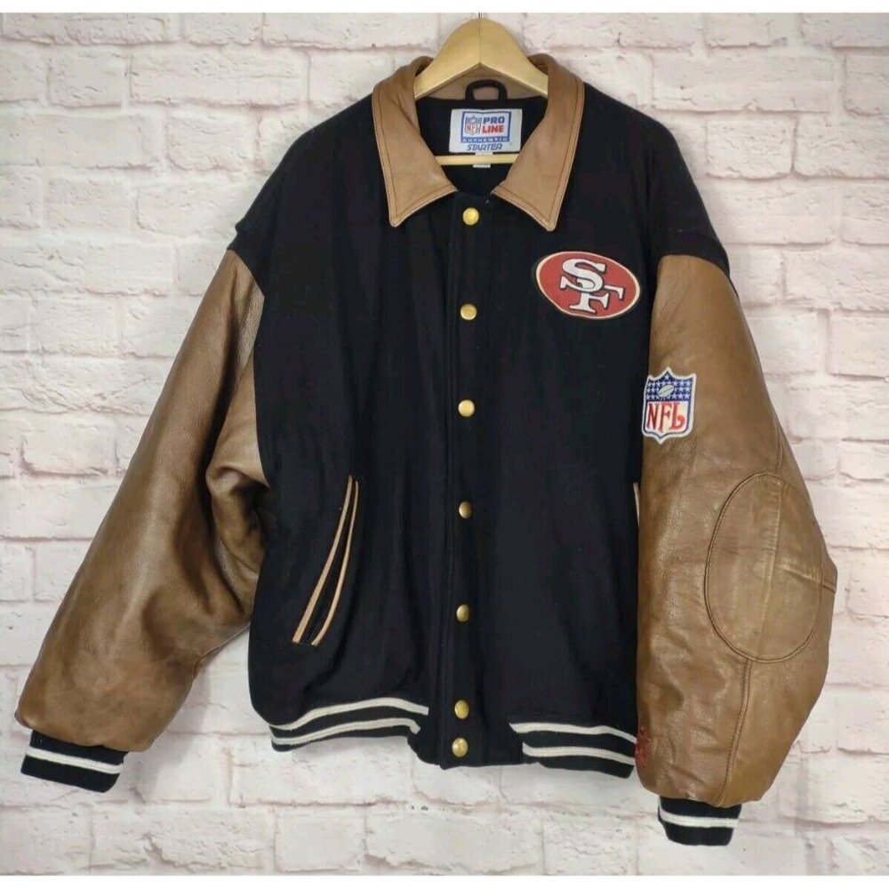 Vintage SAN FRANCISCO 49ers NFL PRO LINE Leather Wool Coat Men's L Heavy **SEE
